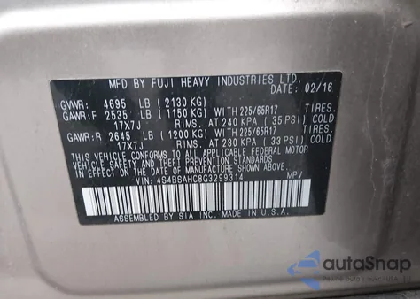 2016 Subaru Outback 2.5I Premium from USA, damaged, VIN 4S4BSAHC8G3299314